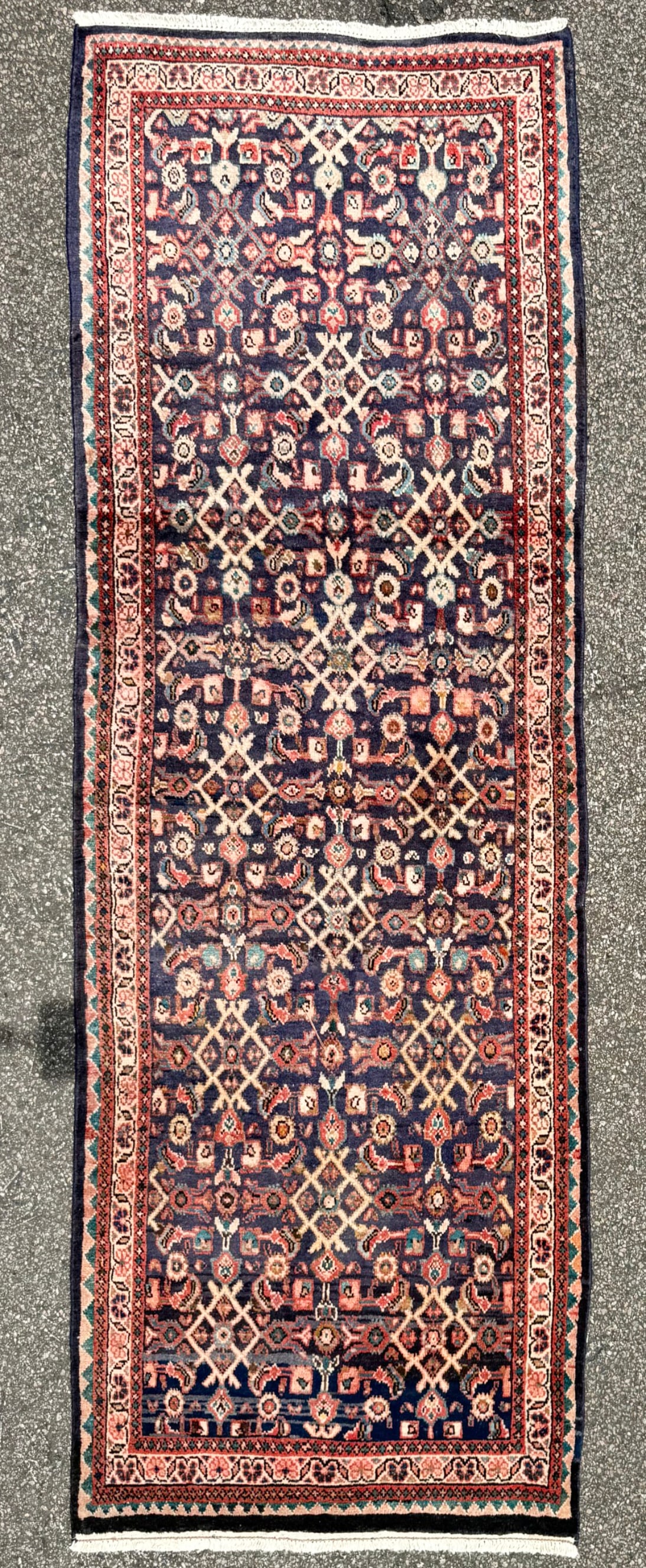 ANTIQUE PERSIAN MAHI HERATI HAND KNOTTED RUNNER, 3.5 x 10.6 (104cm x 320cm)