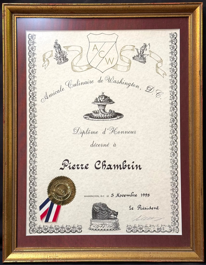 PIERRE CHAMBRIN'S AMICALE CULINAIRE DE WASHINGTON, D.C. DIPLOME D'HONNEUR, WHITE HOUSE EXECUTIVE: An exceptionally rare and museum-worthy piece of White House culinary history, this framed Diplôme d'Honneur was awarded to Pierre Chambrin, former Executive Chef of the White House, by the prest