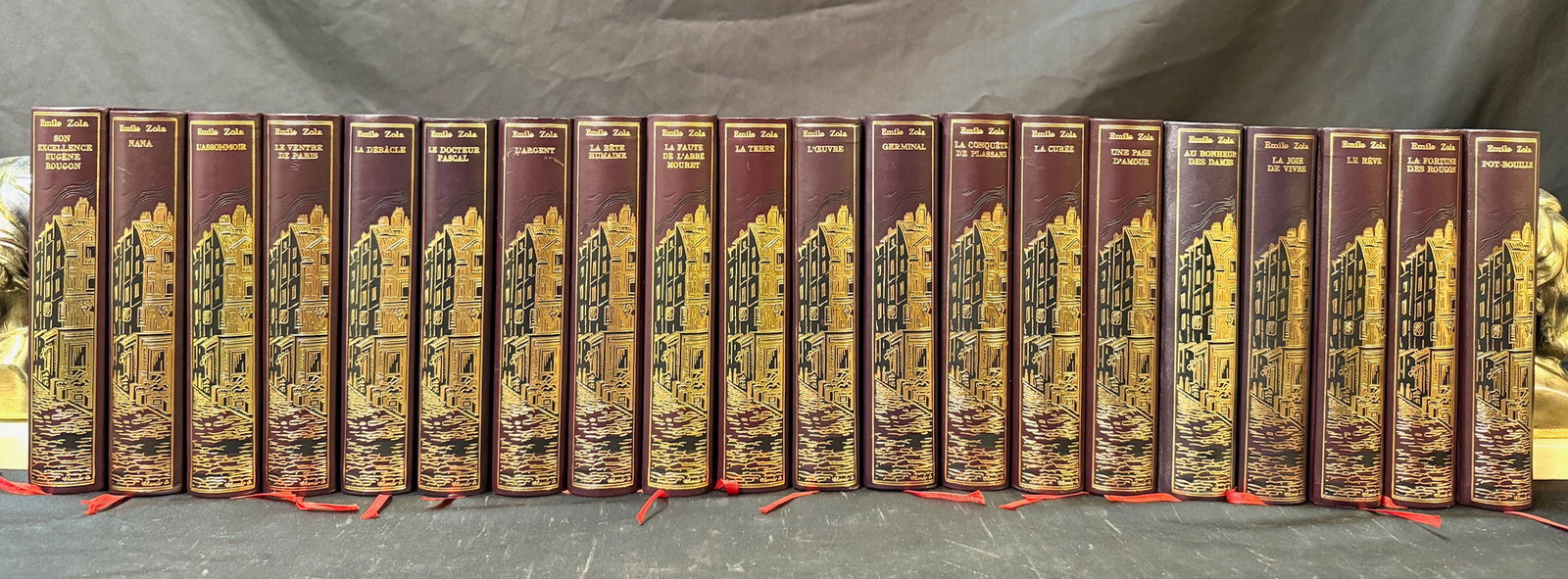 ?MILE ZOLA?LES ROUGON-MACQUART, COMPLETE 20 VOL. LEATHER SET, JEAN DE BONNOT PARIS, FROM ESTATE OF: A complete and visually striking 20-volume leather-bound edition of Émile Zola’s monumental Les Rougon-Macquart, published in Paris by Jean de Bonnot, and from the estate of former White Ho