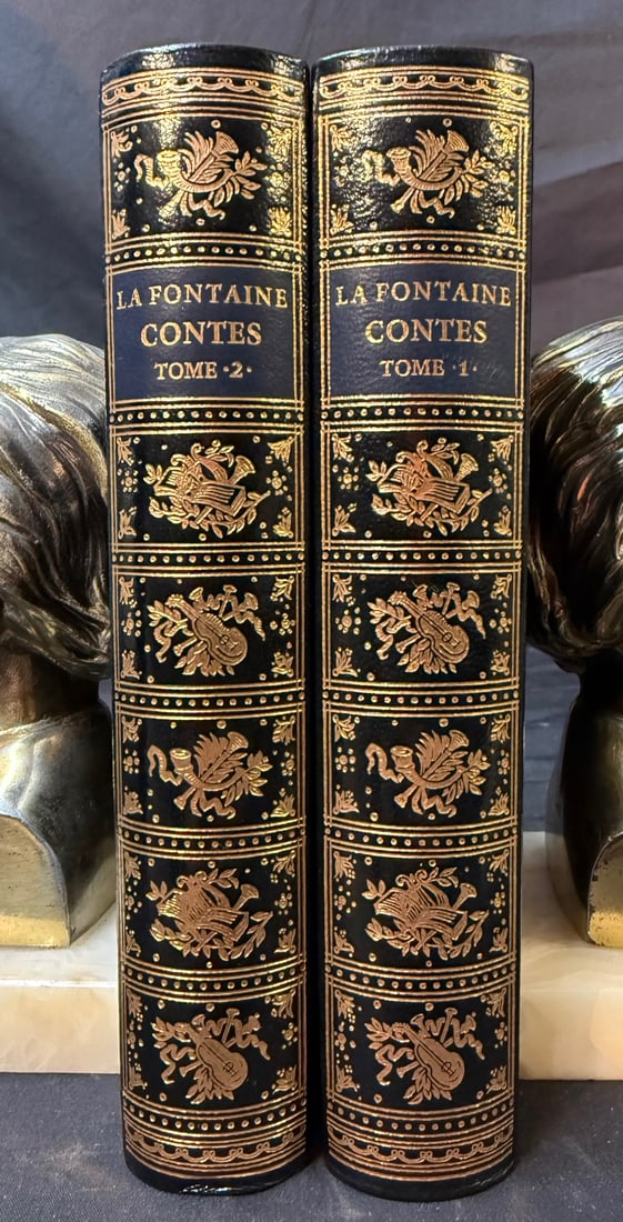 LA FONTAINE ?CONTES? 2 VOLUME JEAN DE BONNOT PARIS, GILT DECORATED FRENCH LIBRARY EDITION, ESTATE OF: A striking two-volume French literary set of Contes et Nouvelles en Vers by Jean de La Fontaine, published in Paris by Jean de Bonnot (1982) and presented in richly decorated gilt bindings, sourced fr
