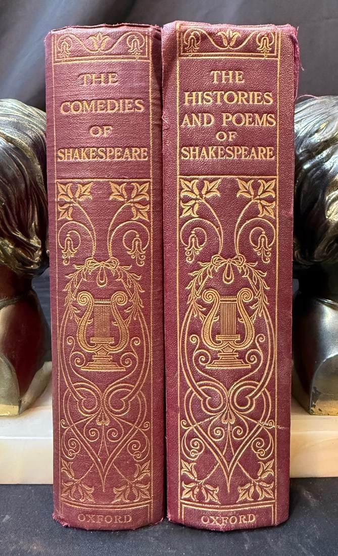 ANTIQUE 1911 OXFORD SHAKESPEARE 2-VOLUME SET, ESTATE OF WHITE HOUSE CHEF PIERRE CHAMBRIN: A striking and highly desirable early 20th-century Oxford University Press Shakespeare set (1911), presented in two richly bound volumes—“The Comedies of Shakespeare” and “The 