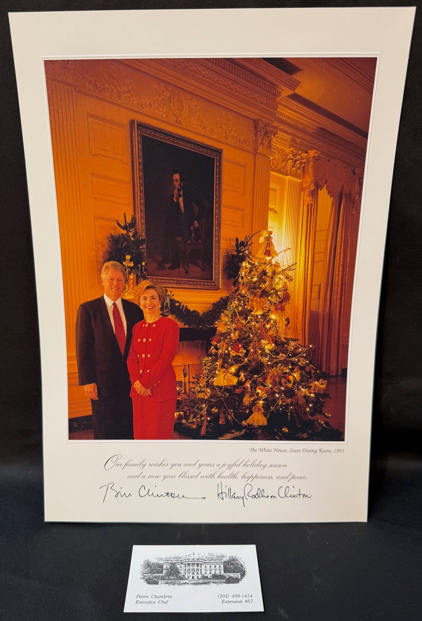 1993 CLINTON WHITE HOUSE CHRISTMAS CARD FROME THE ESTATE OF WHITE HOUSE CHEF PIERRE CHAMBRIN,: An authentic 1993 White House Christmas card issued during the presidency of Bill Clinton, presented here with exceptional provenance from the estate of Pierre Chambrin, former White House Executive C