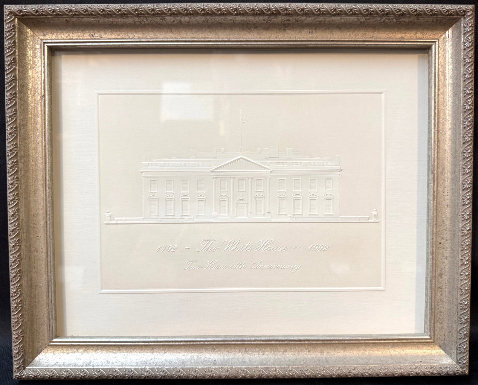 WHITE HOUSE BICENTENNIAL EMBOSSED ARTWORK (1792?1992), EXECUTIVE PRESENTATION PIECE FROM THE ESTATE: A refined and highly sophisticated White House Bicentennial (1792–1992) embossed presentation artwork, originating from the estate of Pierre Chambrin, former White House Executive Chef, offering