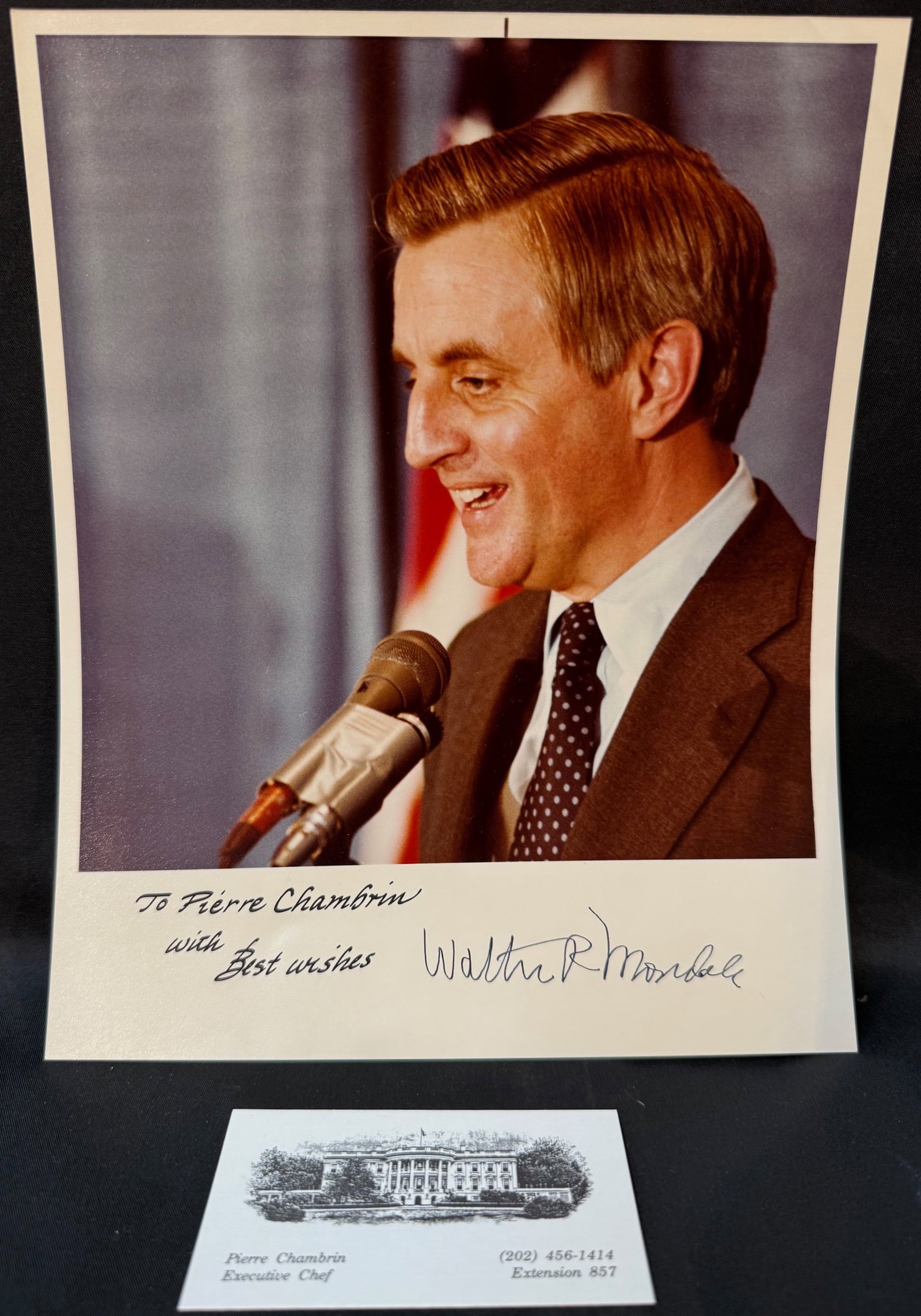 WALTER MONDALE SIGNED WHITE HOUSE PHOTOGRAPH TO EXECUTIVE CHEF PIERRE CHAMBRIN, OFFICIAL INSCRIBED: A highly compelling official White House photograph of Vice President Walter Mondale, personally inscribed and signed to Pierre Chambrin, Executive Chef of the White House, representing a rare example