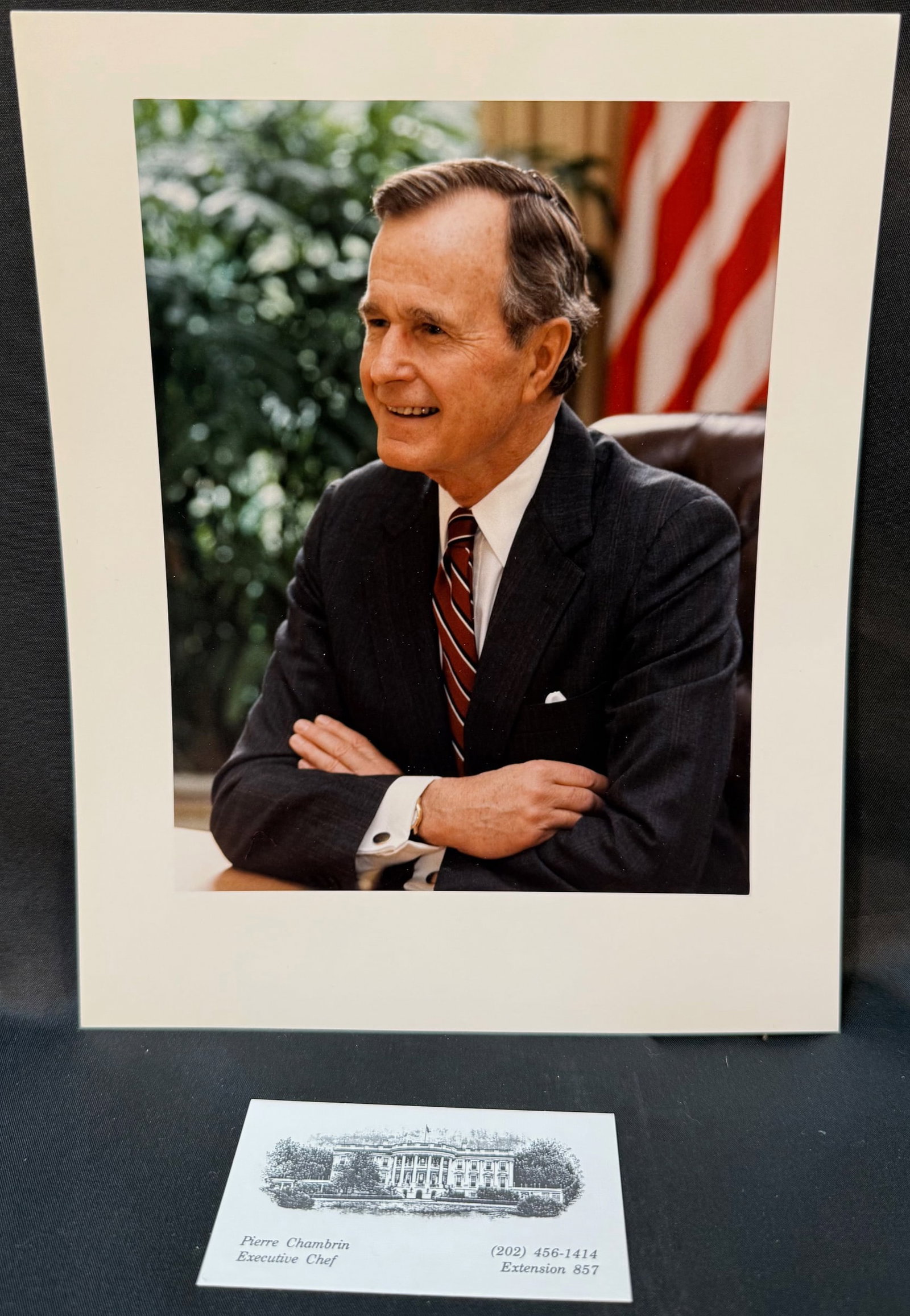 OFFICIAL WHITE HOUSE PORTRAIT OF PRESIDENT GEORGE H.W. BUSH, EXECUTIVE CHEF PIERRE CHAMBRIN: A highly compelling official White House photographic portrait of President George H. W. Bush (41st President of the United States, 1989–1993), presented here with direct Executive Residence pro