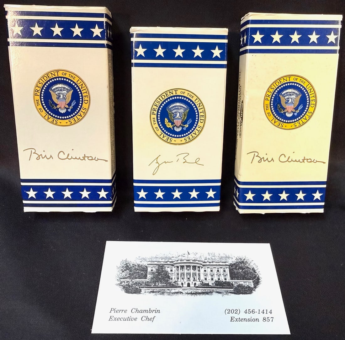 WHITE HOUSE PRESIDENTIAL M&M?S BOXES (3), BUSH & CLINTON, WHITE HOUSE CHEF PIERRE CHAMBRIN ESTATE: A highly unusual and visually striking group of three White House M&M’s presentation boxes, representing two presidential administrations (George H.W. Bush and Bill Clinton), and originating dir