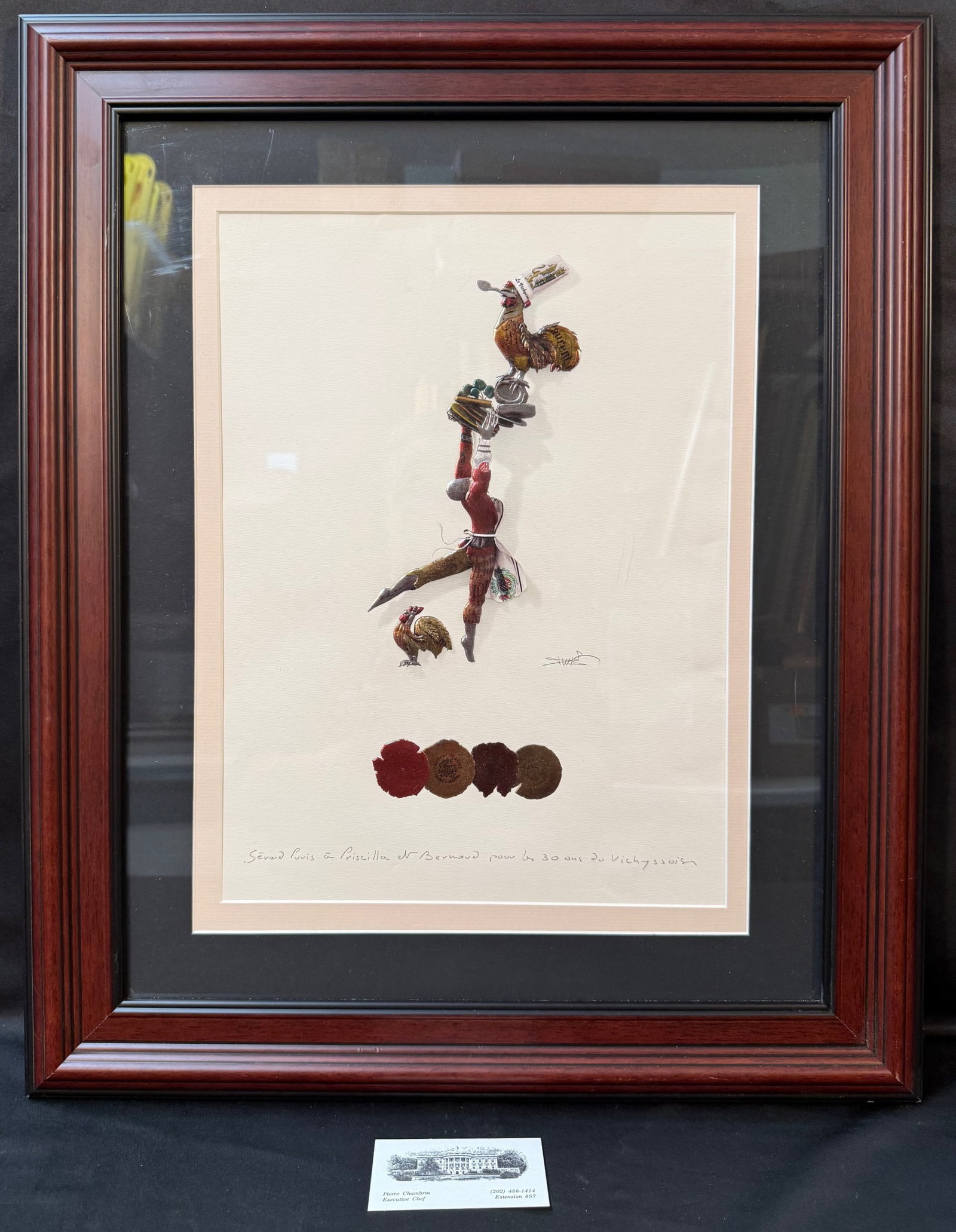 FRENCH CULINARY GUILD EMBOSSED LITHOGRAPH, MA?TRES CUISINIERS AND LE VICHYSSOIS COMMEMORATIVE, WHITE: A highly distinctive French culinary institution artwork, combining embossed (gaufrage) printing, hand-applied color, and mixed-media illustration, created as a commemorative piece for a Le Vichyssois