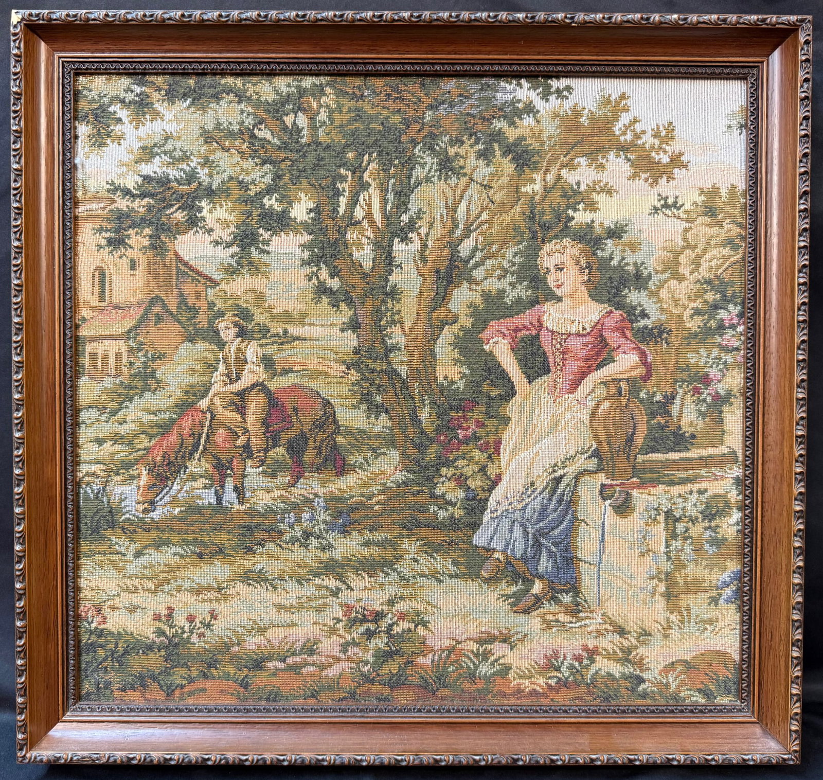 FRAMED EUROPEAN PASTORAL TAPESTRY, FRENCH COUNTRY ESTATE STYLE, ESTATE OF WHITE HOUSE CHEF PIERRE: A refined and visually rich European pastoral tapestry, presented in a substantial carved frame, and originating from the estate of Pierre Chambrin, Executive Chef of the White House—a figure wh