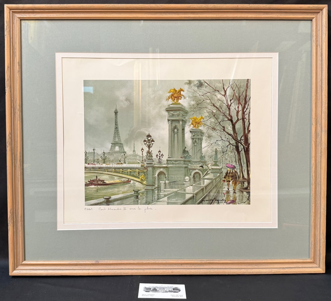 PARIS PONT ALEXANDRE III RAIN SCENE LITHOGRAPH, FRENCH PARISIAN CITYSCAPE, WHITE HOUSE CHEF PIERRE: This atmospheric lithograph captures the Pont Alexandre III in the rain, widely regarded as the most elegant bridge in Paris, with the Eiffel Tower rising through a soft, misted skyline. The compositi