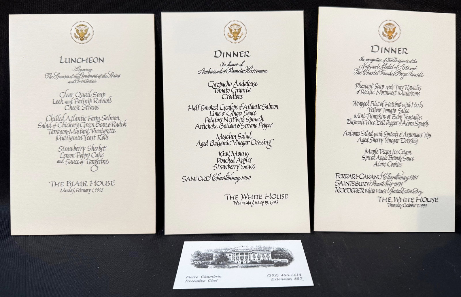 WHITE HOUSE FORMAL MENU SET, ESTATE OF EXECUTIVE CHEF PIERRE CHAMBRIN, CLINTON ADMINISTRATION: An extraordinary and historically resonant collection of original White House and Blair House formal menu cards from the estate of former White House Executive Chef Pierre Chambrin, documenting pivota