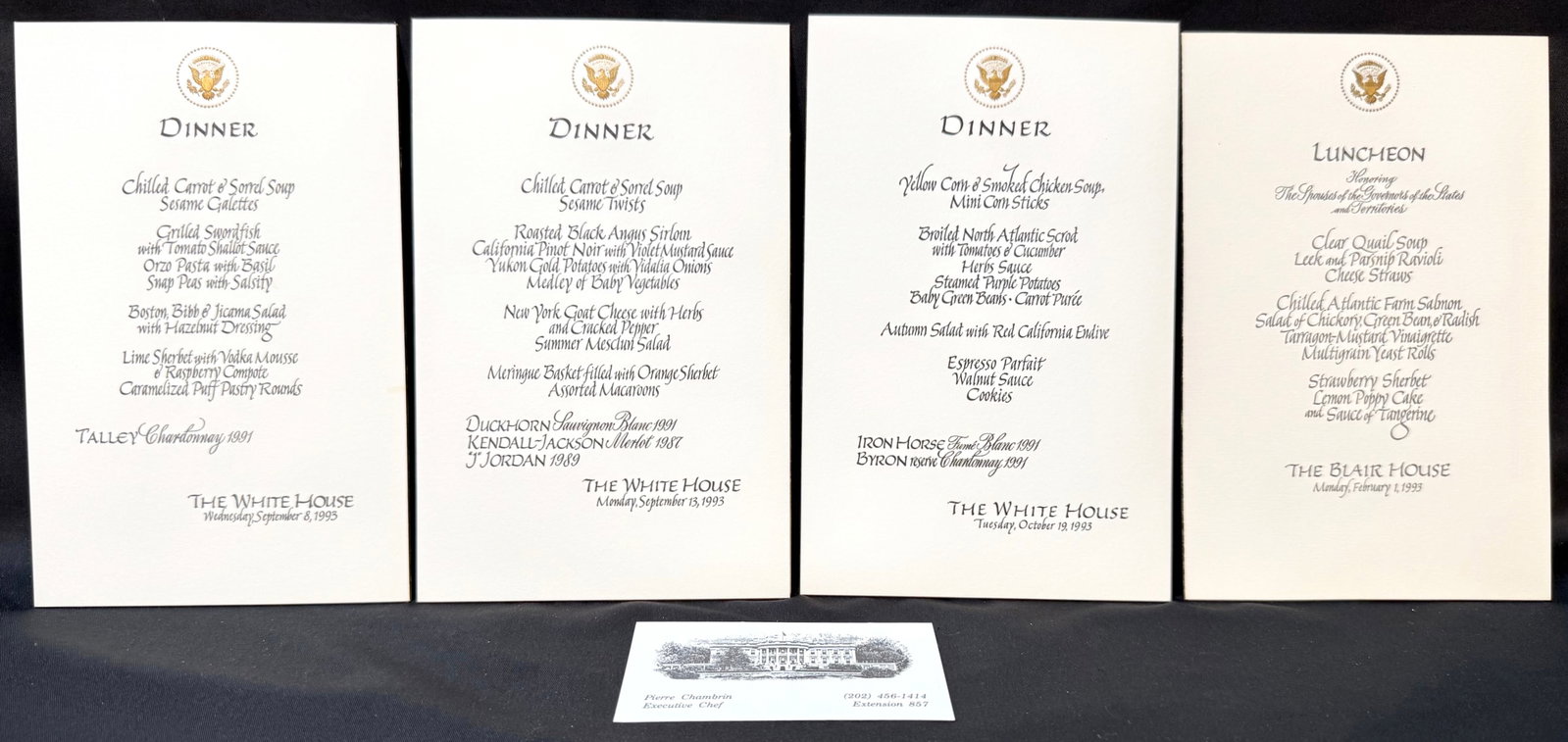 WHITE HOUSE FORMAL MENU CARDS, ESTATE OF FORMER WHITE HOUSE EXECUTIVE CHEF PIERRE CHAMBRIN, OSLO: An extraordinary surviving group of four original formal White House and Blair House menu cards from 1993, directly from the estate of former White House Executive Chef Pierre Chambrin, whose culinary