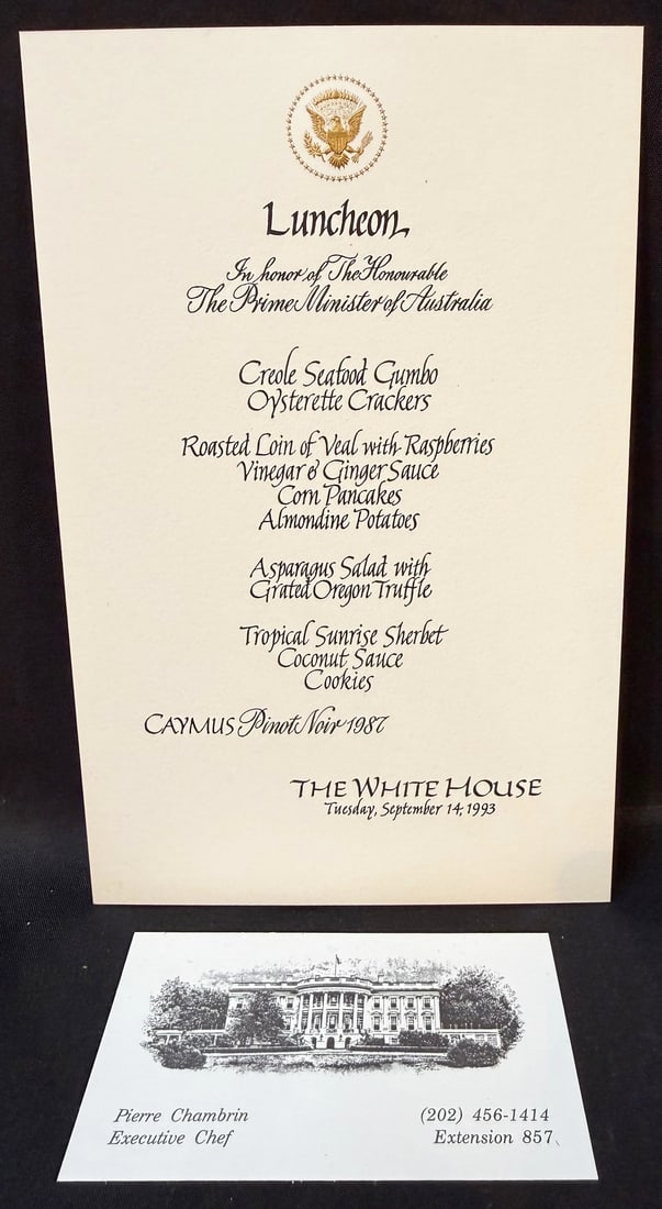 WHITE HOUSE LUNCHEON MENU HONORING THE PRIME MINISTER OF AUSTRALIA, ESTATE OF EXECUTIVE CHEF PIERRE: An original official White House luncheon menu honoring The Prime Minister of Australia, held at The White House on September 14, 1993, from the personal estate and working archive of Former White Hou