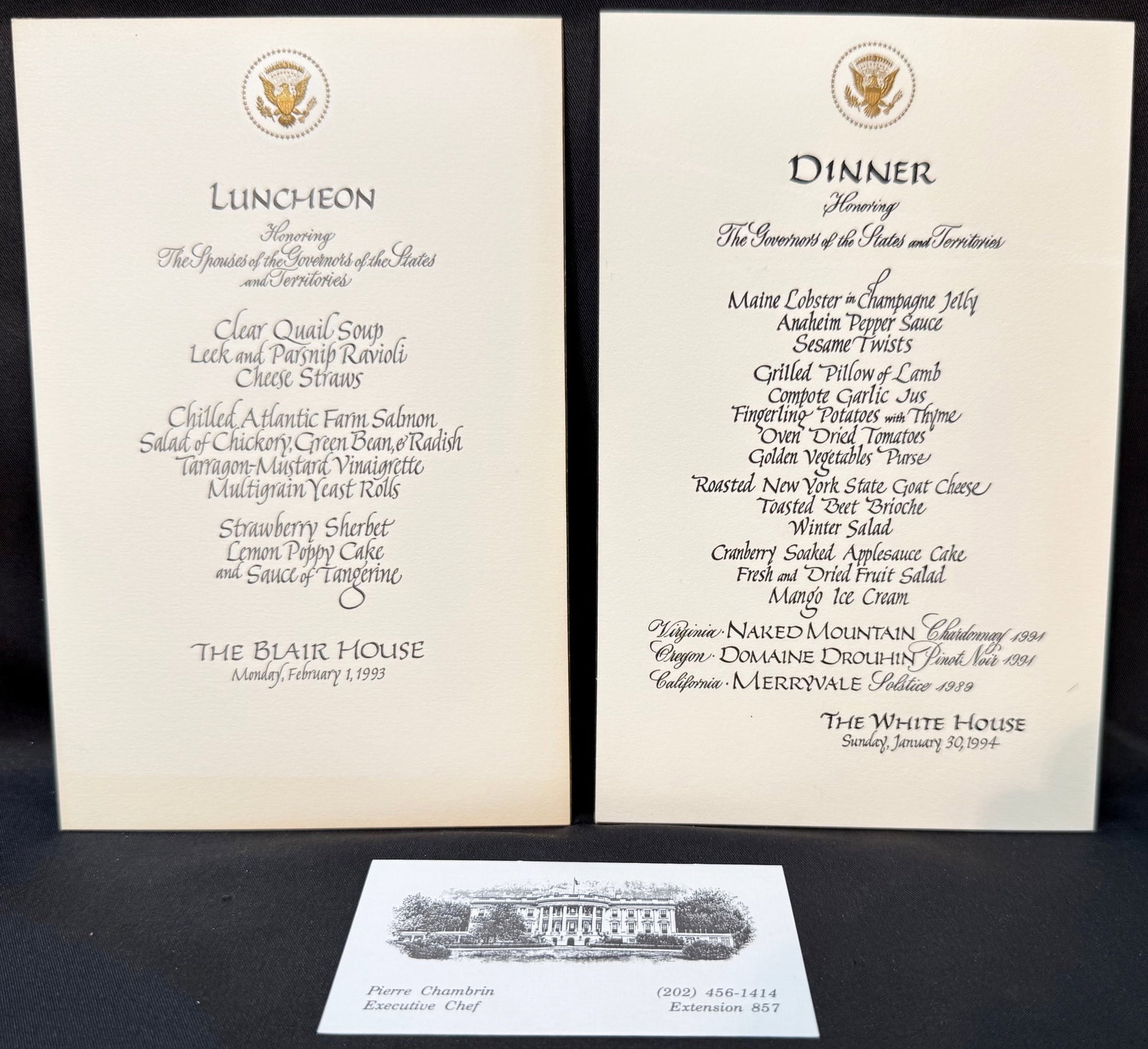 WHITE HOUSE DINNER AND LUNCHEON MENUS, U.S. GOVERNORS AND SPOUSES, ESTATE OF EXECUTIVE CHEF PIERRE: An exceptional pair of original formal White House and Blair House menu cards from the estate of former White House Executive Chef Pierre Chambrin, documenting two prestigious high-level presidential 