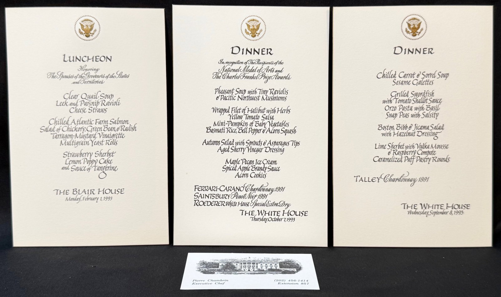 WHITE HOUSE FORMAL DINNER MENU CARDS, ESTATE OF FORMER WHITE HOUSE EXECUTIVE CHEF PIERRE CHAMBRIN,: An exceptional and historically layered group of three original formal White House and Blair House menu cards from 1993, directly from the estate of former White House Executive Chef Pierre Chambrin, 