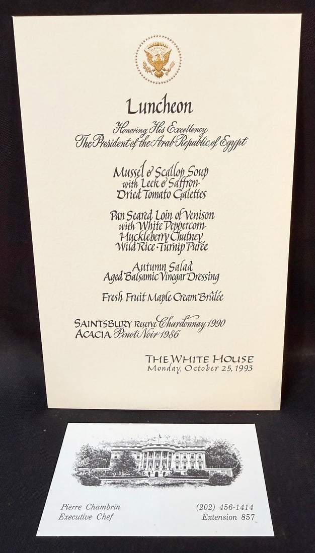 WHITE HOUSE LUNCHEON HONORING EGYPTIAN PRESIDENT HOSNI MUBARAK, OCTOBER 25, 1993, ESTATE OF FORMER: This is an authentic formal White House luncheon menu card created for a diplomatic luncheon honoring Egyptian President Hosni Mubarak during the Clinton administration, held at the White House on Oct