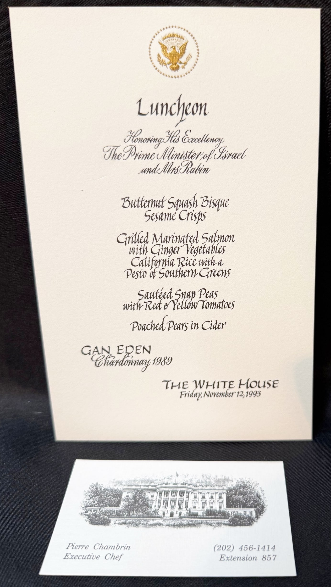 WHITE HOUSE LUNCHEON MENU, NOVEMBER 12, 1993, HONORING ISRAELI PM RABIN, ESTATE OF EXECUTIVE CHEF: Offered here is an original White House dinner menu from Saturday, June 5, 1993, created for the Georgetown University Class of 1968. This was President William Clinton’s 25th Reunion, and this 