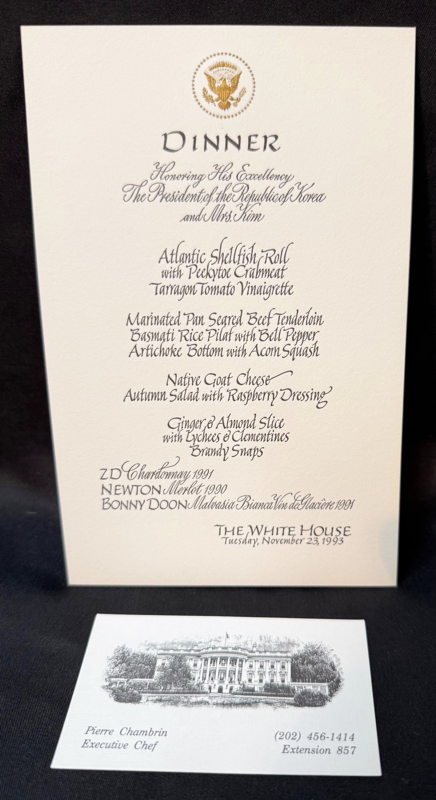 WHITE HOUSE DINNER MENU, NOVEMBER 23, 1993, FOR THE PRESIDENT OF SOUTH KOREA, ESTATE OF EXECUTIVE (1 of 4)