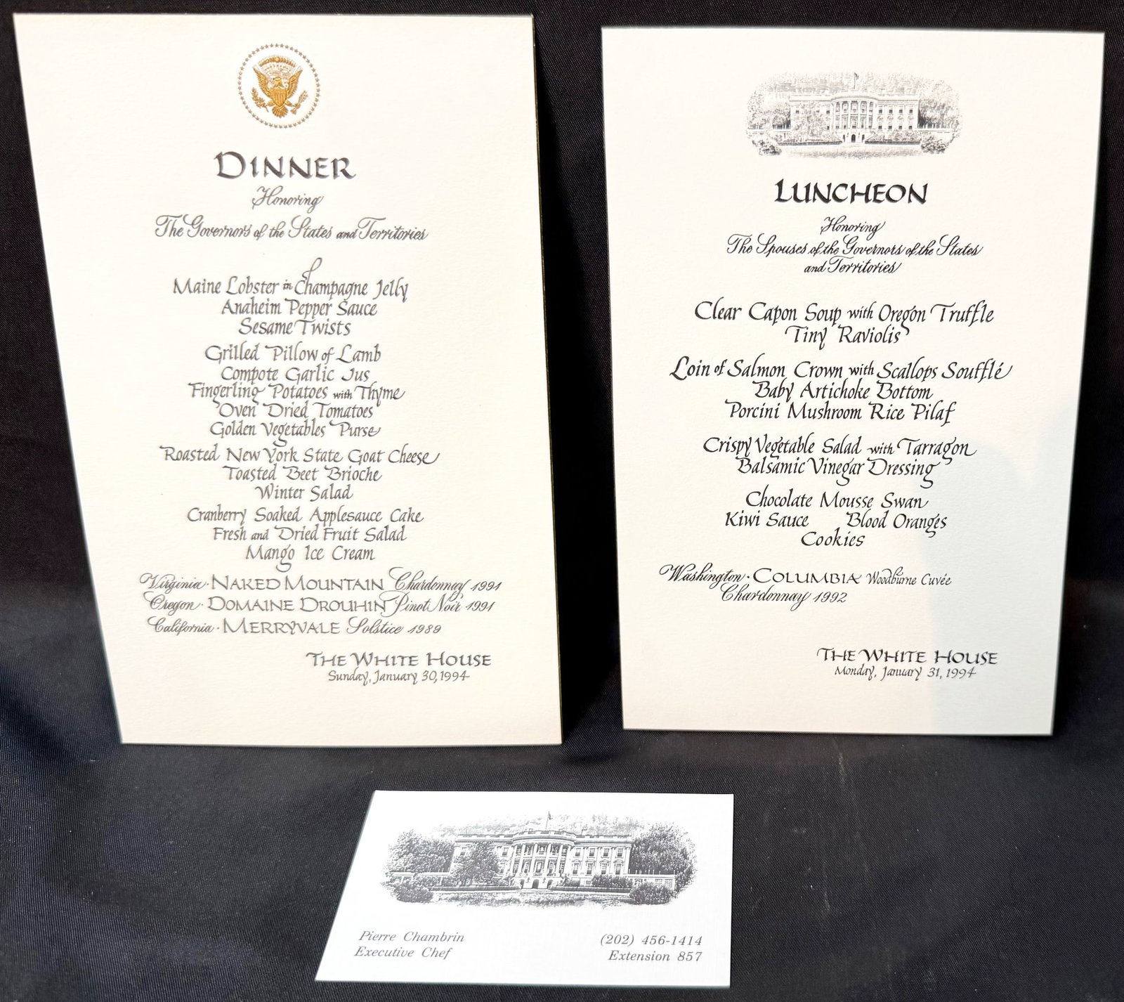 WHITE HOUSE DINNER AND LUNCHEON MENUS, JAN 30?31, 1994, U.S. GOVERNORS & SPOUSES PROGRAM, A MATCHED: Offered here is a matched pair of original White House menus from a coordinated two-day official hospitality program; 1. Dinner – January 30, 1994, Honoring The Governors of the States and Terri