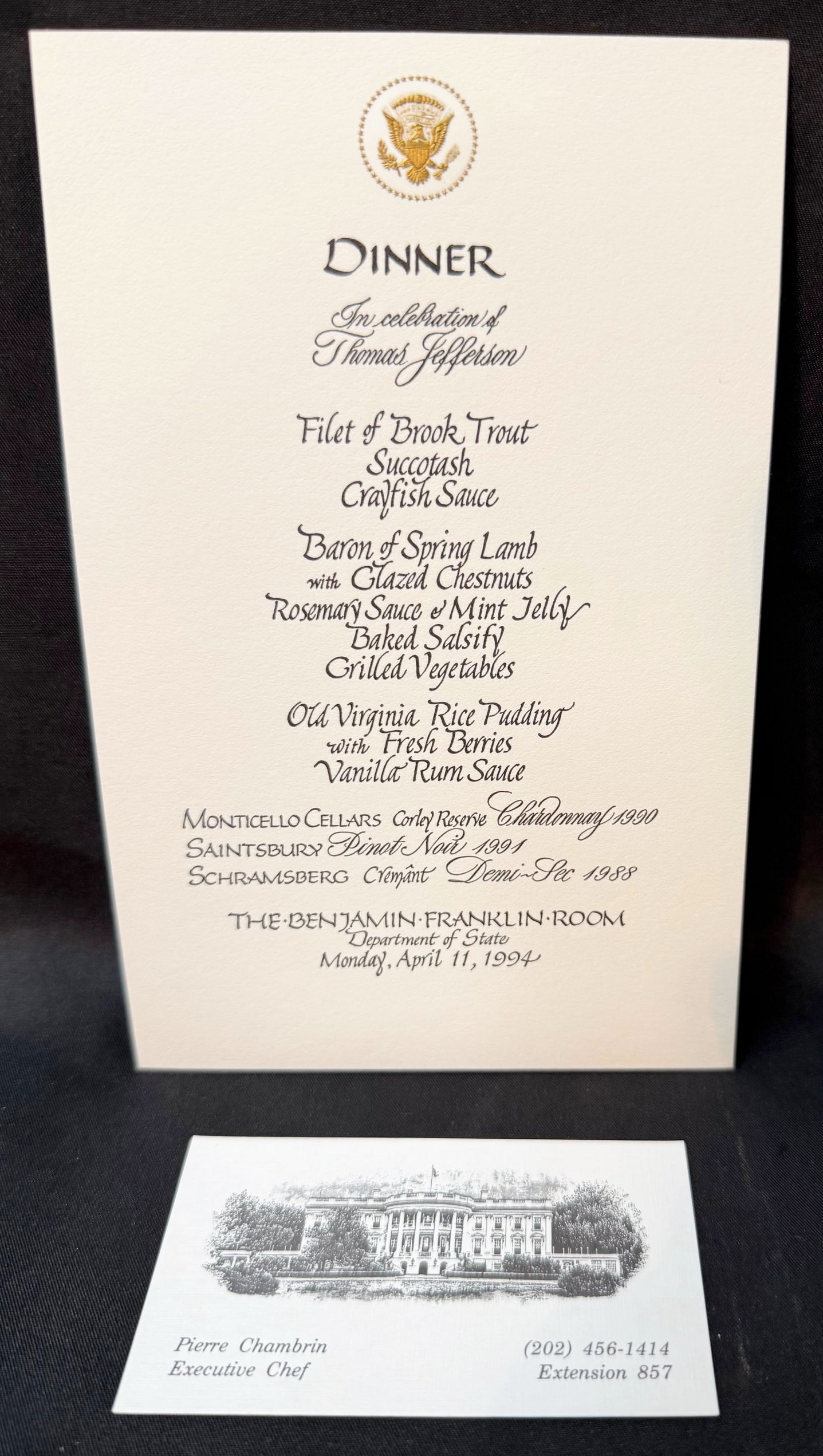 THOMAS JEFFERSON COMMEMORATIVE STATE DINNER MENU, APRIL 11, 1994, ESTATE OF FORMER WHITE HOUSE: An exceptional and highly displayable official United States government ceremonial dinner menu created for a formal Department of State dinner “In Celebration of Thomas Jefferson,” held in