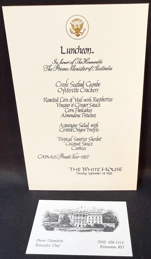 WHITE HOUSE LUNCHEON MENU HONORING THE PRIME MINISTER OF AUSTRALIA, ESTATE OF EXECUTIVE CHEF PIERRE: An original official White House luncheon menu honoring The Prime Minister of Australia, held at The White House on September 14, 1993, from the personal estate and working archive of Former White Hou