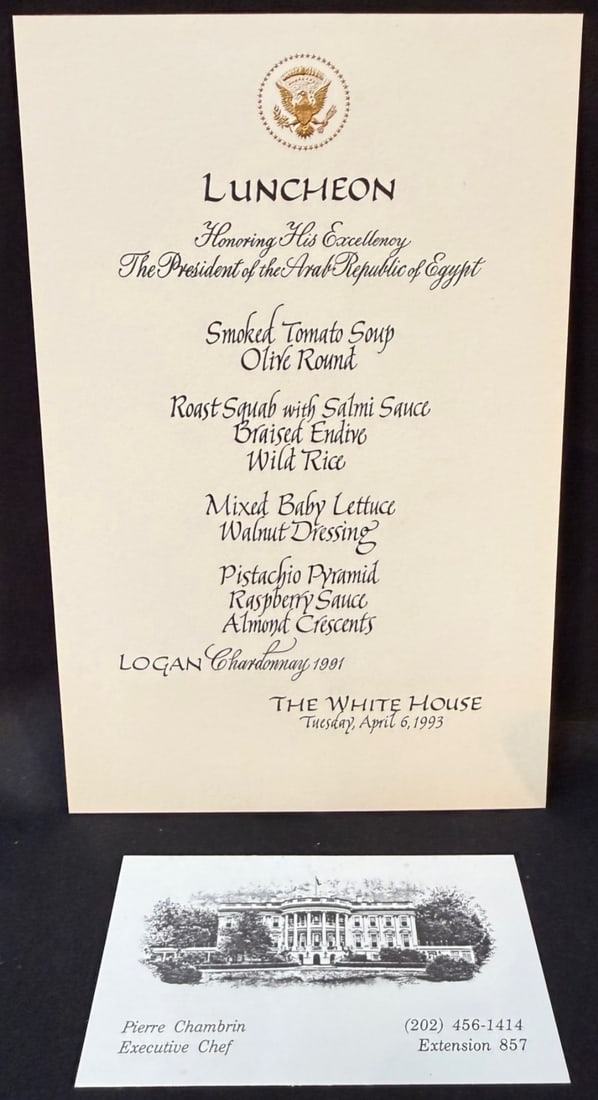 WHITE HOUSE LUNCHEON HONORING EGYPTIAN PRESIDENT HOSNI MUBARAK, APRIL 6, 1993, ESTATE OF FORMER: This is an original White House luncheon menu card honoring the President of the Arab Republic of Egypt, held at The White House on Tuesday, April 6, 1993, and preserved within the estate archive of F