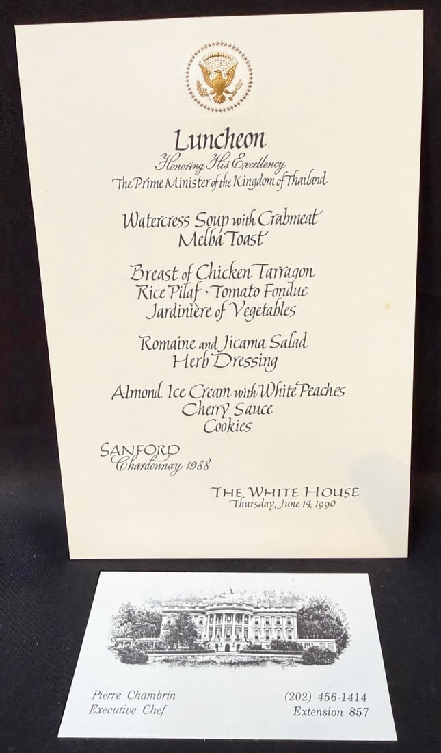 WHITE HOUSE LUNCHEON MENU HONORING THE P.M. OF THAILAND, JUNE 14, 1990, ESTATE OF FORMER WHITE HOUSE: This is an original White House Luncheon menu card honoring the Prime Minister of the Kingdom of Thailand, held at The White House on Thursday, June 14, 1990, during the administration of President Ge
