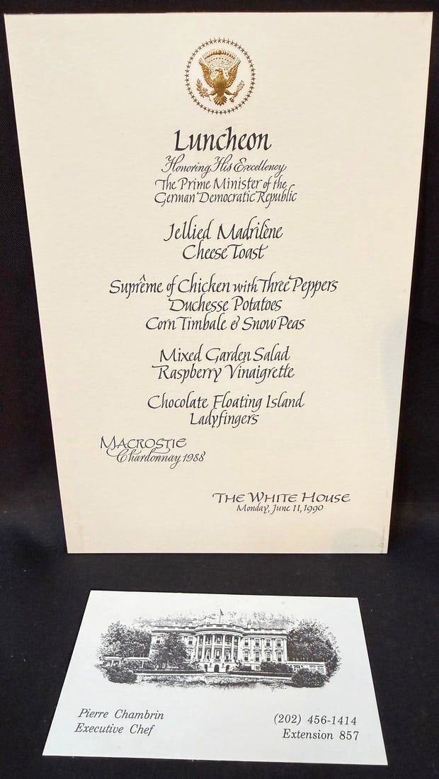 WHITE HOUSE LUNCHEON MENU HONORING EAST GERMAN PRIME MINISTER, JUNE 11, 1990, ESTATE OF FORMER WHITE: An extraordinary and historically significant piece of official White House diplomatic and culinary ephemera from the estate of former White House Executive Chef Pierre Chambrin, documenting a formal 