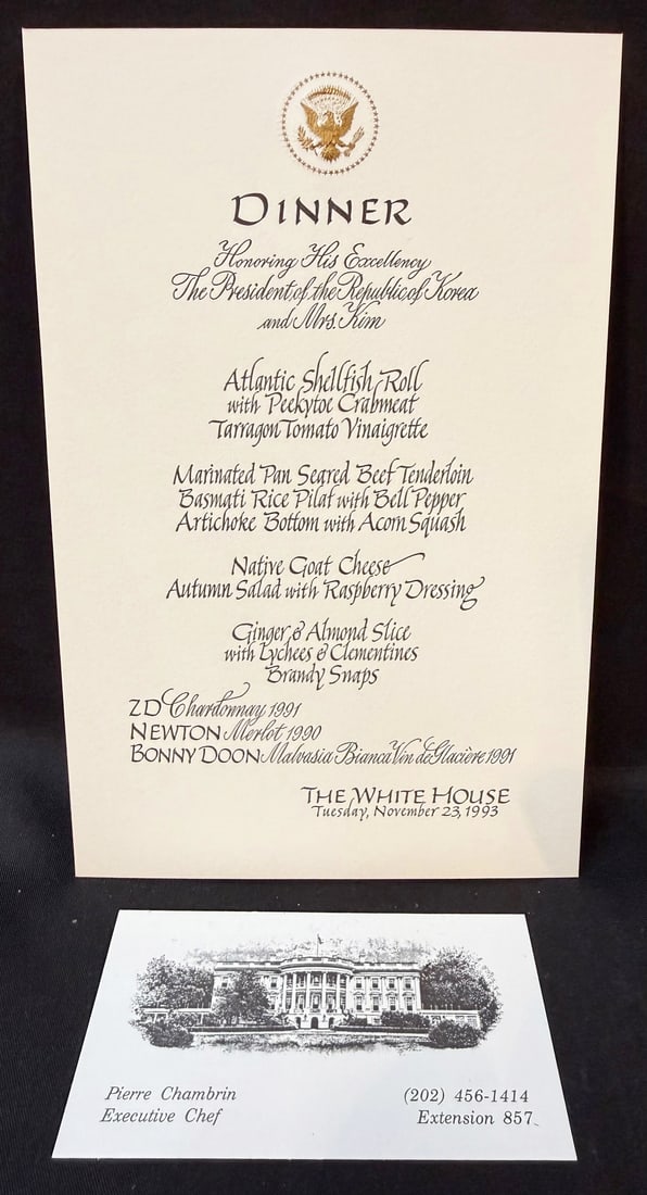 WHITE HOUSE DINNER MENU, NOVEMBER 23, 1993, FOR THE PRESIDENT OF SOUTH KOREA, ESTATE OF EXECUTIVE: Offered here is an original White House State Dinner menu from Tuesday, November 23, 1993, honoring The President of the Republic of Korea and Mrs. Kim, preserved directly from the estate of Pierre Ch