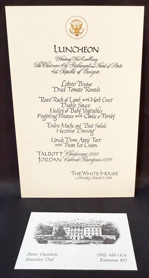 WHITE HOUSE LUNCHEON MENU HONORING THE LEADER OF THE REPUBLIC OF GEORGIA, MARCH 7, 1994, ESTATE OF: This is an especially compelling and historically layered piece of official White House diplomatic ephemera from the estate of former White House Executive Chef Pierre Chambrin, documenting a formal W