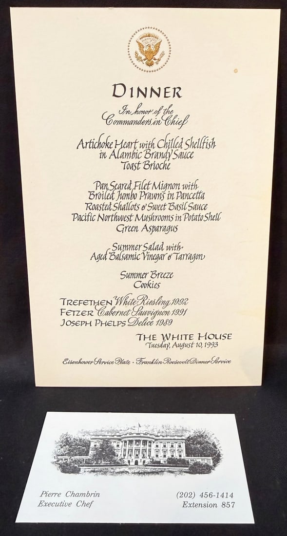 WHITE HOUSE DINNER MENU HONORING THE COMMANDER IN CHIEF PRESIDENT CLINTON, AUGUST 10, 1993, ESTATE: This is a particularly unusual and highly collectible piece of White House military and executive hospitality ephemera from the estate of former White House Executive Chef Pierre Chambrin, documenting