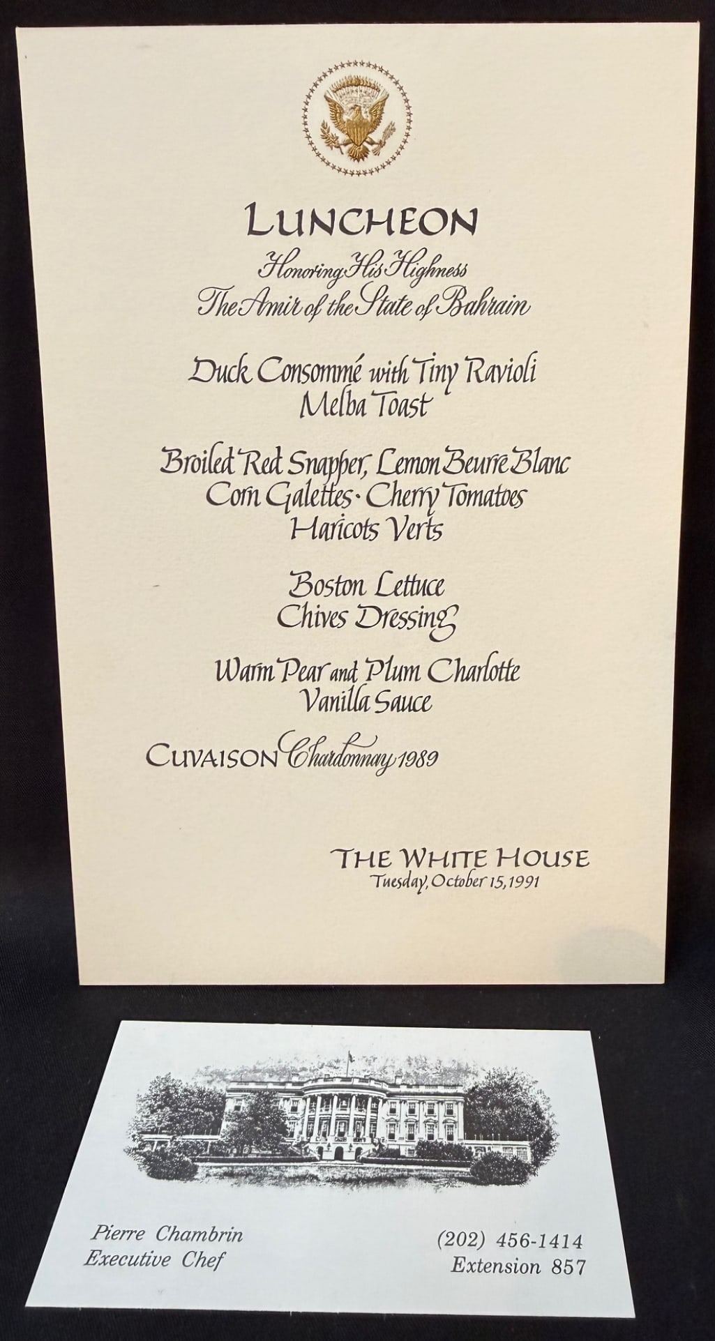 WHITE HOUSE LUNCHEON MENU HONORING THE AMIR OF BAHRAIN, OCTOBER 15, 1991, ESTATE OF WHITE HOUSE: This is a historically significant and diplomatically important piece of official White House ephemera from the estate of former White House Executive Chef Pierre Chambrin, documenting a formal White 