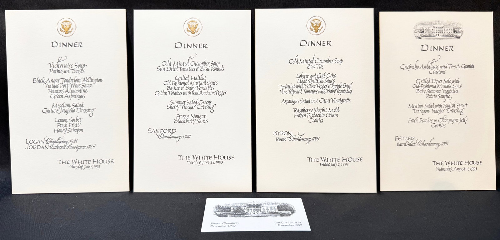 HISTORIC GROUP OF FORMAL WHITE HOUSE DINNER MENU CARDS, ESTATE OF WHITE HOUSE EXECUTIVE CHEF PIERRE: An exceptional archive of four original formal White House dinner menu cards dating from the pivotal first year of the Clinton administration, directly from the estate of former White House Executive 