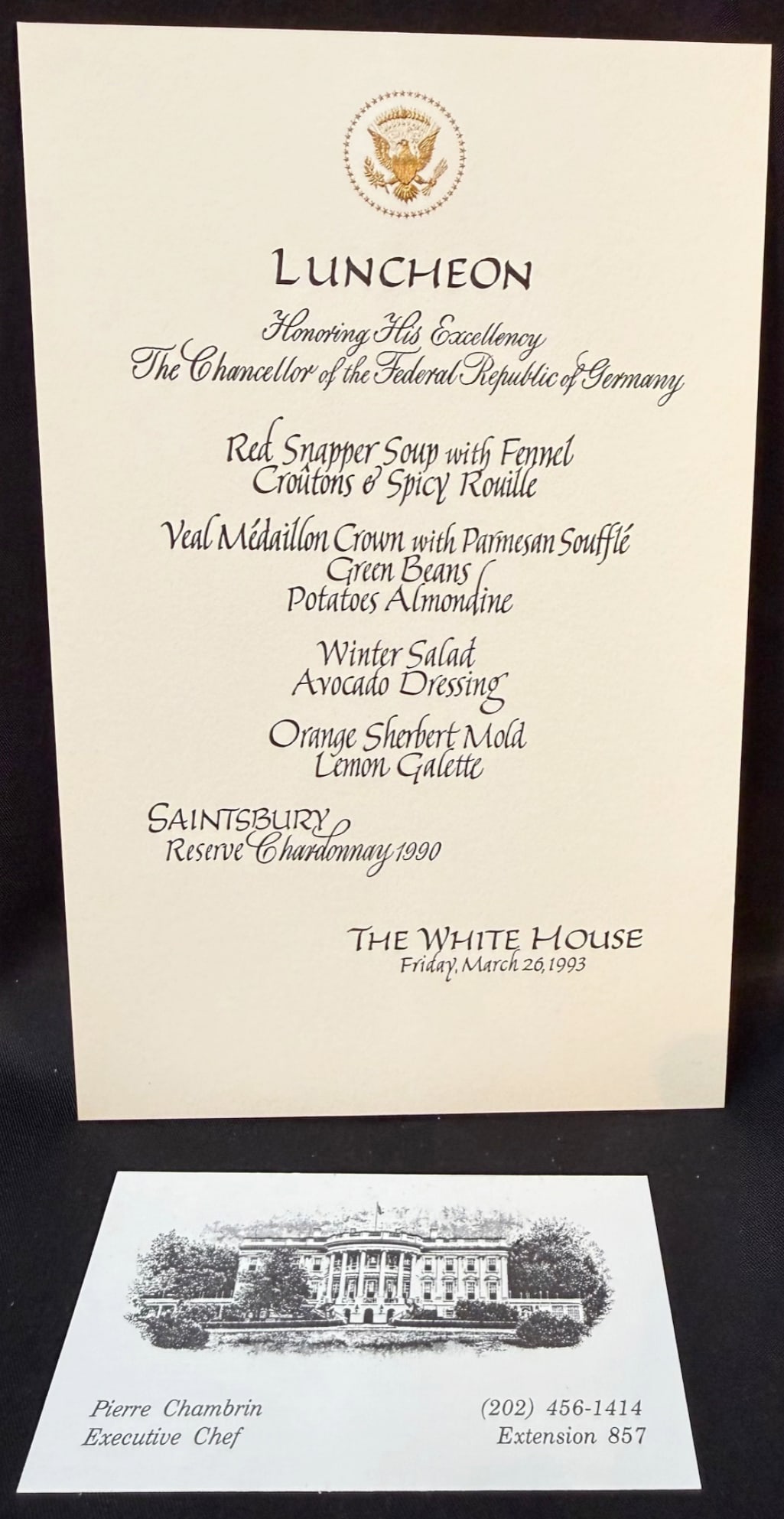 WHITE HOUSE LUNCHEON MENU HONORING THE CHANCELLOR OF THE FEDERAL REPUBLIC OF GERMANY, MARCH 26,: This is an authentic formal White House luncheon menu card created for a diplomatic luncheon honoring His Excellency the Chancellor of the Federal Republic of Germany at The White House on Friday, Mar