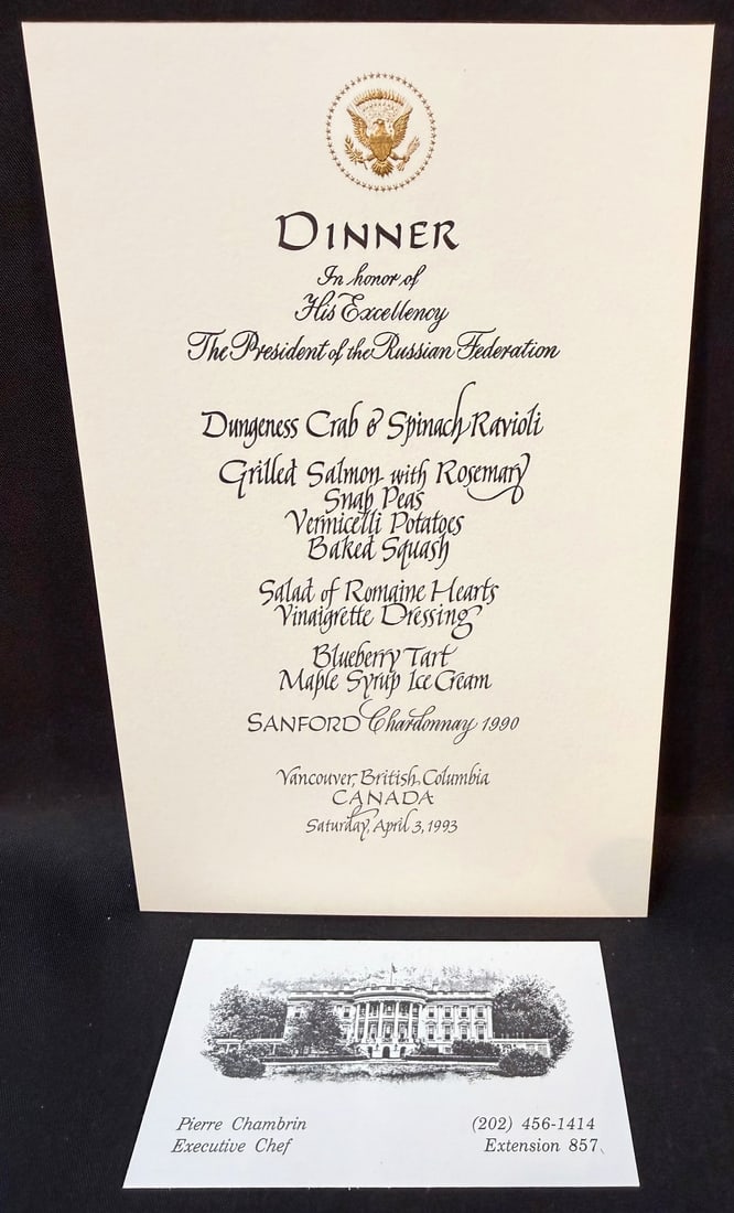 WHITE HOUSE DINNER MENU HONORING THE PRESIDENT OF THE RUSSIA FEDERATION BORIS YELTSIN, APRIL 3,: This is an exceptionally interesting formal diplomatic dinner menu tied to one of the most historically significant geopolitical relationships of the early post–Cold War era. The menu was create
