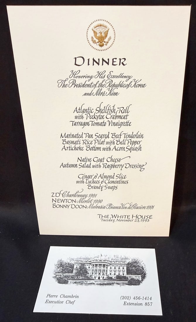 WHITE HOUSE DINNER MENU, NOVEMBER 23, 1993, FOR THE PRESIDENT OF SOUTH KOREA, ESTATE OF EXECUTIVE (1 of 4)