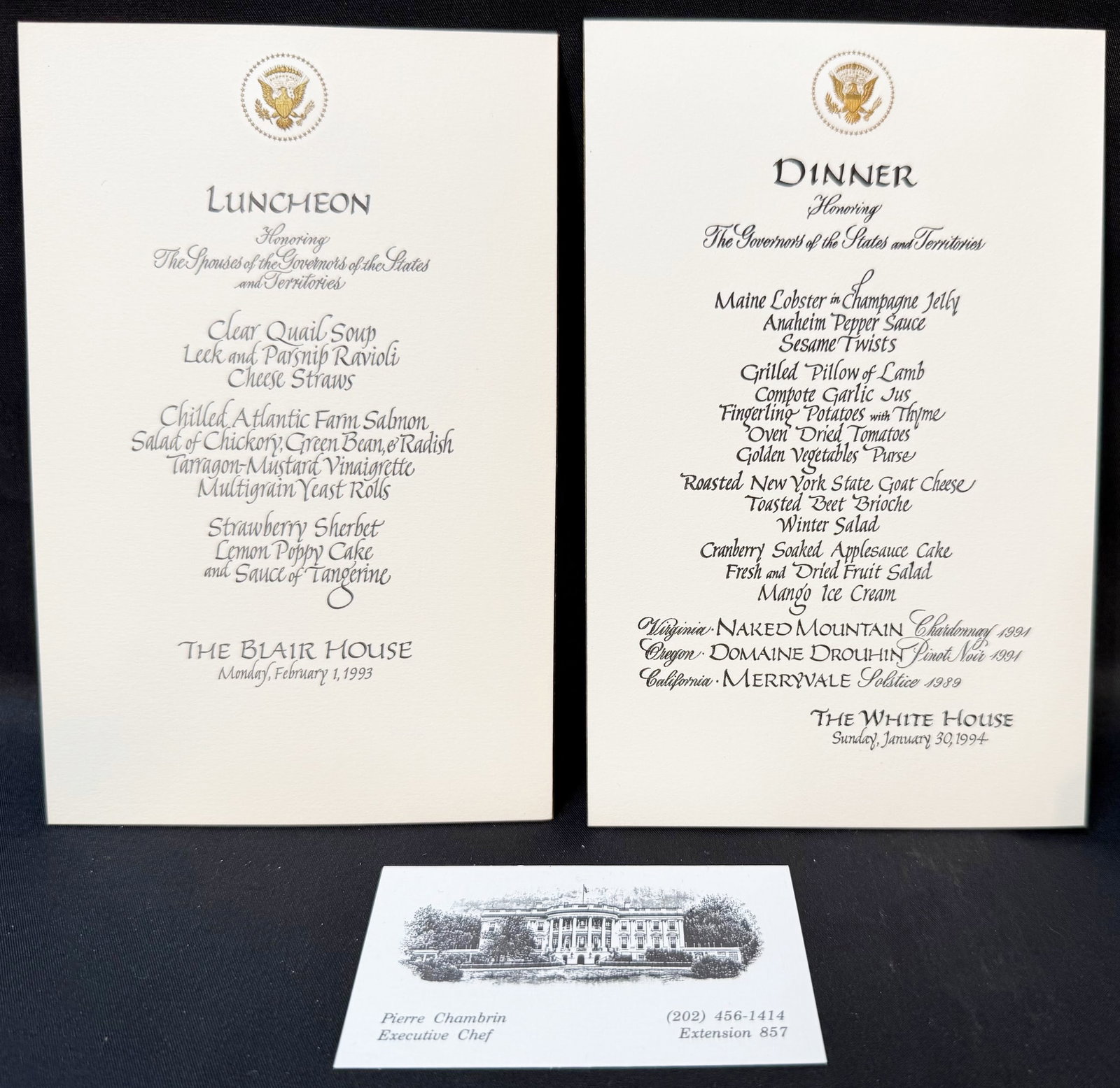 WHITE HOUSE DINNER AND LUNCHEON MENUS, U.S. GOVERNORS AND SPOUSES, ESTATE OF EXECUTIVE CHEF PIERRE: An exceptional pair of original formal White House and Blair House menu cards from the estate of former White House Executive Chef Pierre Chambrin, documenting two prestigious high-level presidential 