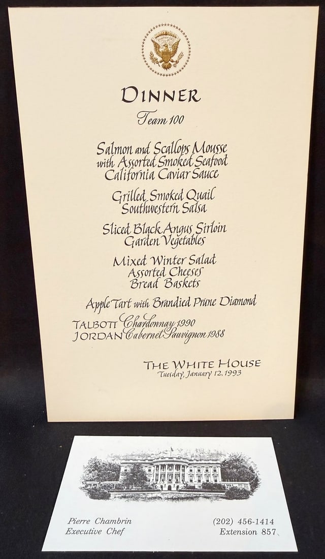 WHITE HOUSE DINNER MENU, JANUARY 12, 1993, HONORING TEAM 100, ESTATE OF EXECUTIVE CHEF PIERRE: This is a particularly intriguing and uncommon formal White House dinner menu card from the estate of Pierre Chambrin, created for a White House dinner identified simply as “Team 100” on T