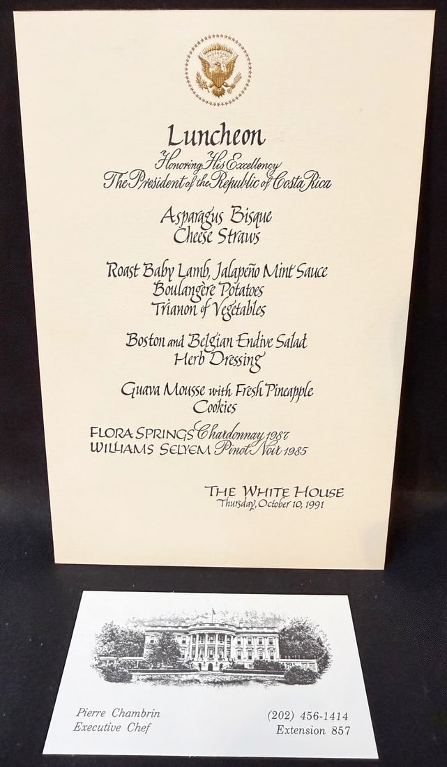 WHITE HOUSE LUNCHEON MENU, OCTOBER 10, 1991, HONORING THE PRESIDENT OF COSTA RICA, ESTATE OF: This is a highly elegant formal White House luncheon menu card from the estate of Pierre Chambrin, created for a diplomatic luncheon honoring Rafael Ángel Calderón Fournier at The White Hous