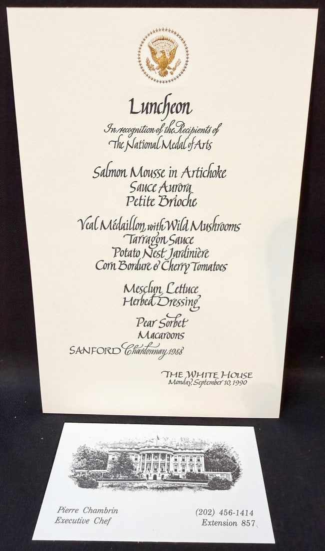 WHITE HOUSE LUNCHEON MENU, SEPTEMBER 10, 1990, HONORING WINNERS OF THE NATIONAL MEDAL OF ARTS,: This is an elegant and historically interesting formal White House luncheon menu card from the estate of Pierre Chambrin, created for a special cultural luncheon held at The White House on Monday, Sep