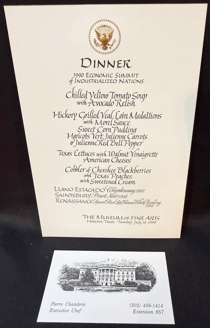 WHITE HOUSE LUNCHEON MENU, JULY 10, 1990, FOR THE G7 SUMMIT, ESTATE OF EXECUTIVE CHEF PIERRE: This is an exceptional piece of late Cold War-era diplomatic and presidential history tied directly to the 1990 Economic Summit of Industrialized Nations. This group is now recognized historically as 