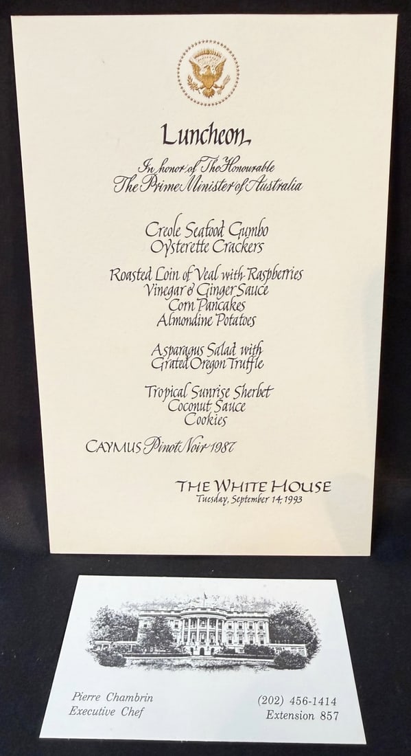 WHITE HOUSE LUNCHEON MENU HONORING THE PRIME MINISTER OF AUSTRALIA, ESTATE OF EXECUTIVE CHEF PIERRE: An original official White House luncheon menu honoring The Prime Minister of Australia, held at The White House on September 14, 1993, from the personal estate and working archive of Former White Hou