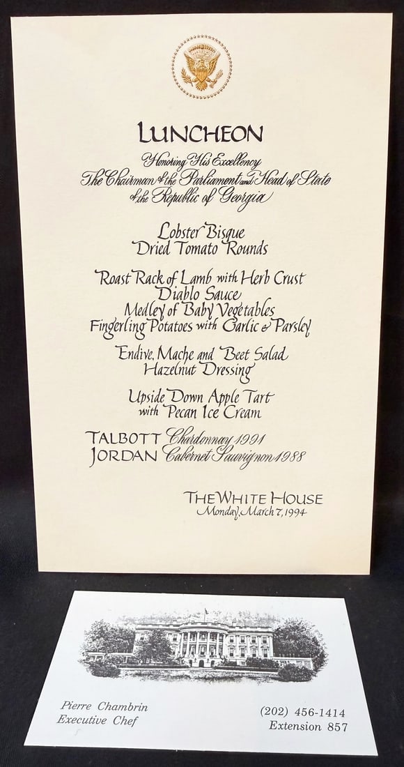 WHITE HOUSE LUNCHEON MENU HONORING THE LEADER OF THE REPUBLIC OF GEORGIA, MARCH 7, 1994, ESTATE OF: This is an especially compelling and historically layered piece of official White House diplomatic ephemera from the estate of former White House Executive Chef Pierre Chambrin, documenting a formal W