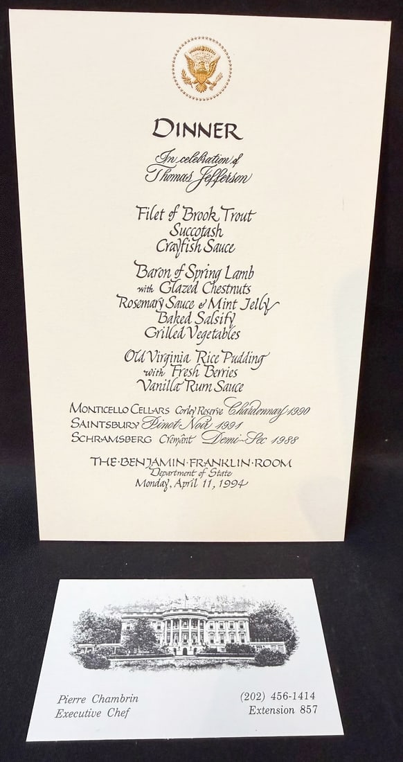 THOMAS JEFFERSON COMMEMORATIVE STATE DINNER MENU, APRIL 11, 1994, ESTATE OF FORMER WHITE HOUSE: An exceptional and highly displayable official United States government ceremonial dinner menu created for a formal Department of State dinner “In Celebration of Thomas Jefferson,” held in