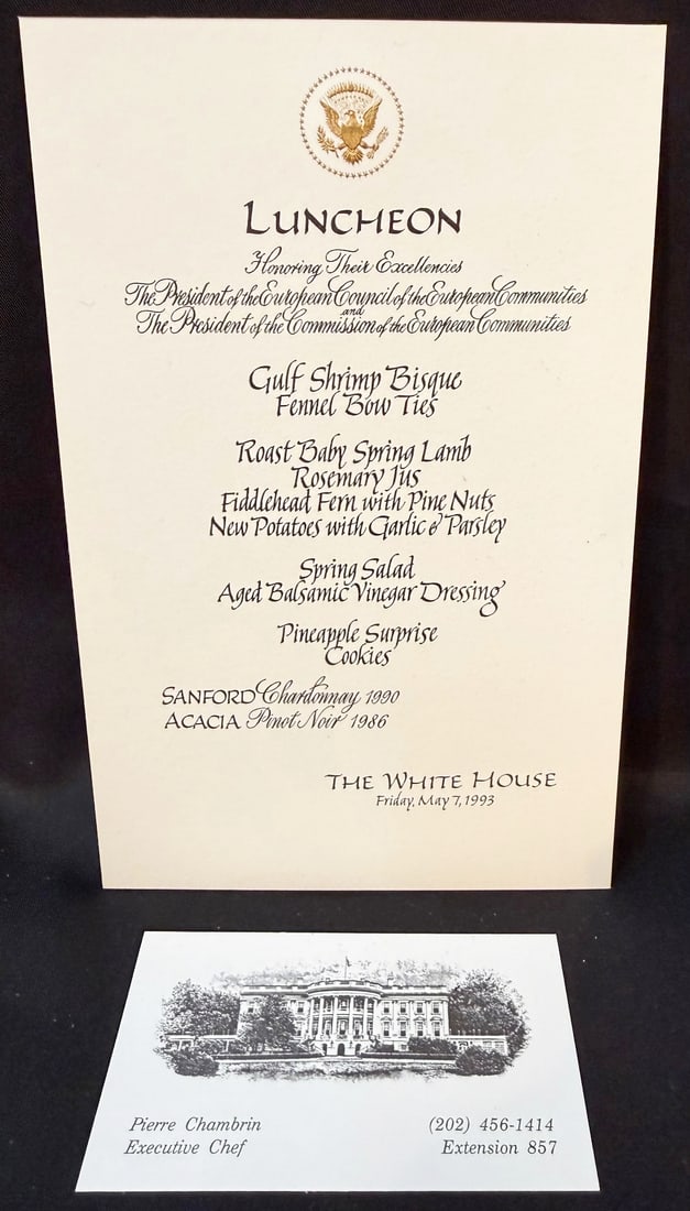 WHITE HOUSE LUNCHEON MENU HONORING THE PRESIDENTS OF THE EUROPEAN COMMUNITIES, MARCH 7, 1993, ESTATE: This is an exceptionally strong piece of modern White House hospitality history tied directly to the diplomatic and culinary operations of the Clinton White House during a pivotal moment in transatlan