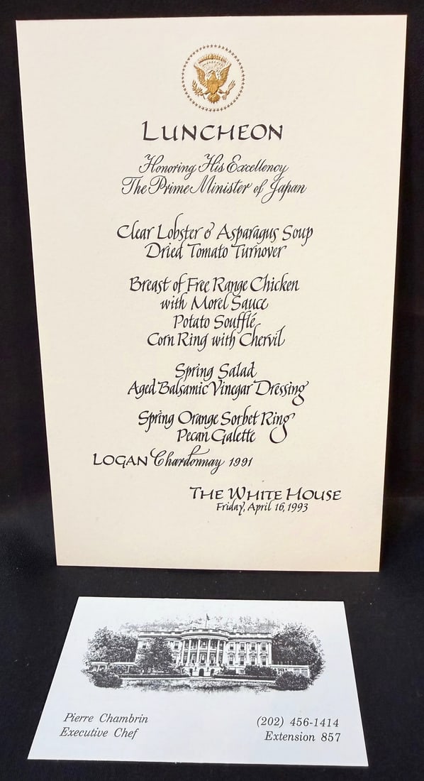 ORIGINAL WHITE HOUSE DIPLOMATIC LUNCHEON MENU HONORING THE PRIME MINISTER OF JAPAN, APRIL 16, 1993,: An exceptional and highly displayable piece of Clinton-era White House diplomatic and culinary history retained from the personal estate of former White House Executive Chef Pierre Chambrin. This offi