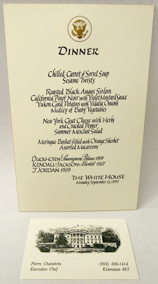HISTORIC WHITE HOUSE DINNER MENU, SEPTEMBER 13, 1993, OSLO ACCORDS SIGNING DAY, ESTATE OF FORMER: A museum-worthy surviving artifact from one of the most pivotal diplomatic moments of the modern era: an original formal White House dinner menu card dated September 13, 1993, the very day the histori