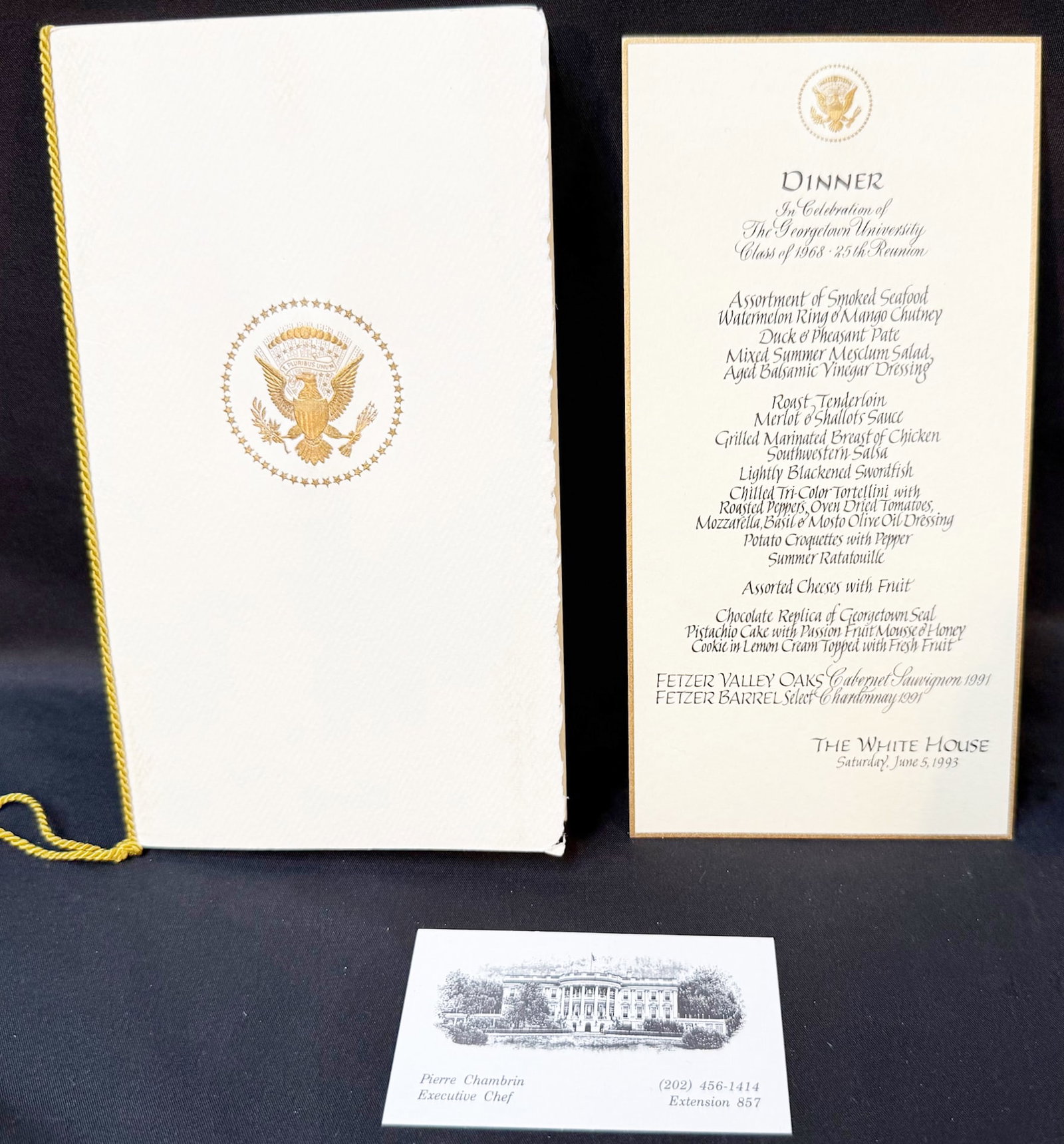 WHITE HOUSE DINNER MENU FOR JUNE 5, 1993, PRESIDENT CLINTON?S GEORGETOWN UNIVERSITY 25TH REUNION,: An extraordinary and highly displayable Clinton-era White House event archive retained from the estate of former White House Executive Chef Pierre Chambrin, documenting an elite Georgetown University 