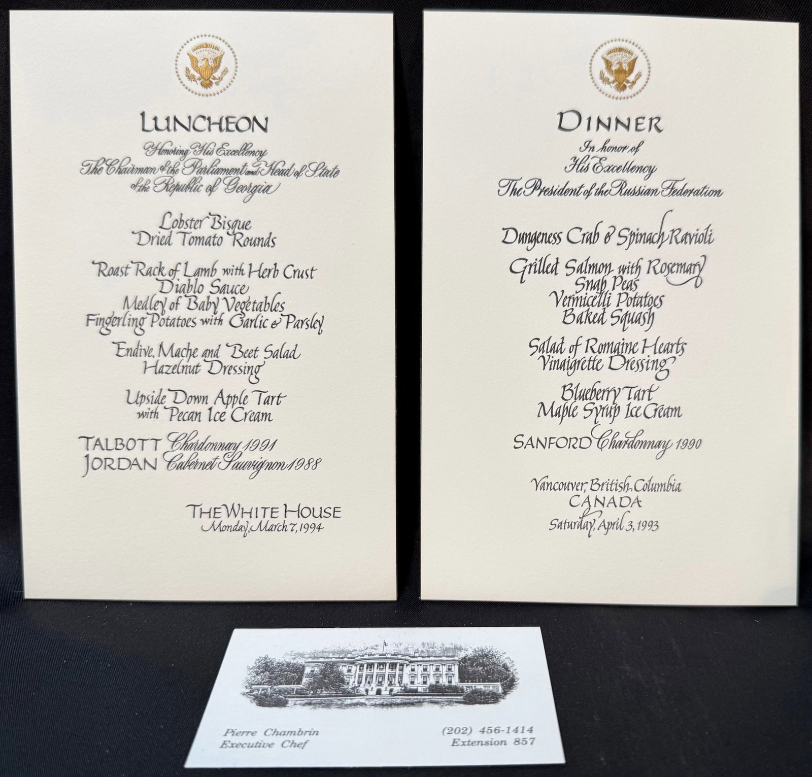 PAIR OF WHITE HOUSE DIPLOMATIC MENUS, RUSSIA AND REPUBLIC OF GEORGIA, FROM THE ESTATE OF EXECUTIVE: An exceptional and historically significant pair of official White House diplomatic menu cards retained from the estate of former White House Executive Chef Pierre Chambrin, documenting two pivotal ea