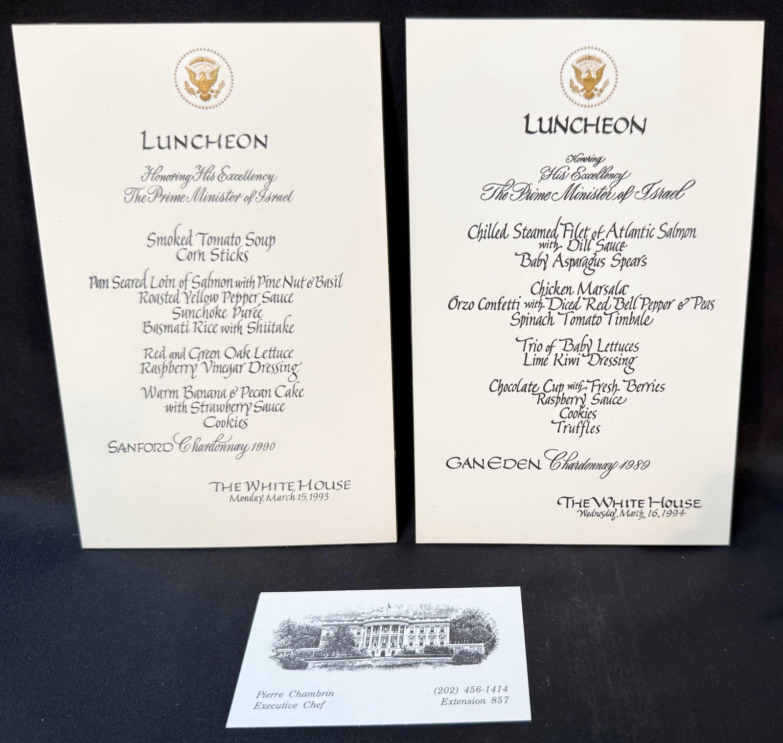 PAIR OF OFFICIAL WHITE HOUSE LUNCHEON MENUS HONORING THE PRIME MINISTER OF ISRAEL, CLINTON: A rare and visually striking pair of official White House luncheon menus from the Clinton administration, each created in honor of the Prime Minister of Israel and originating from the estate of forme