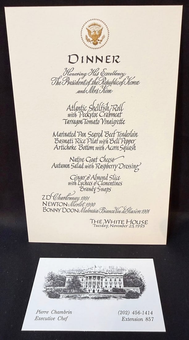 WHITE HOUSE STATE DINNER MENU, NOVEMBER 23, 1993, FOR THE PRESIDENT OF SOUTH KOREA, ESTATE OF (1 of 4)